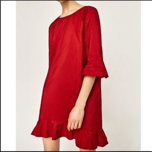 Zara red frilled shift dress, size small